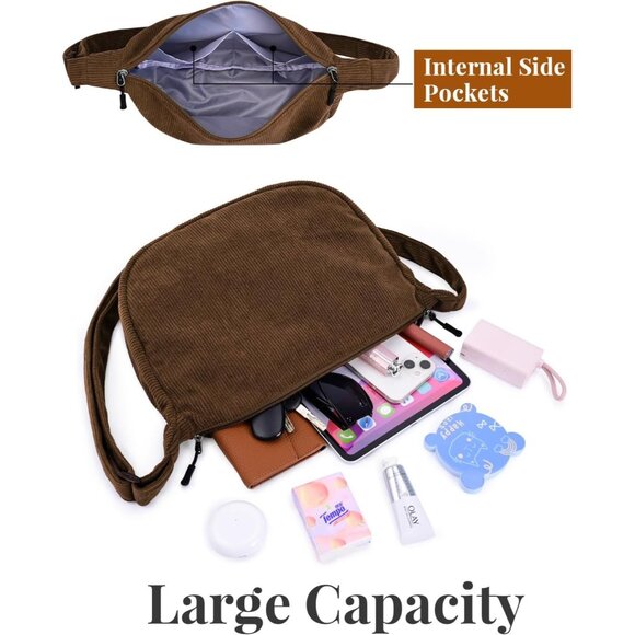 Women Corduroy Cafe Imported Polyester Crossbody Lightweight Crescent Sling Bag - Picture 3 of 6